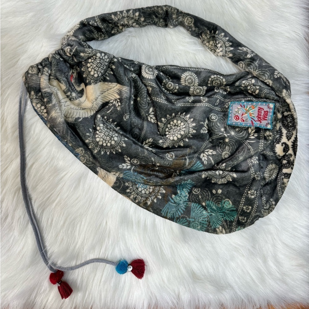 Johnny Was Plush Bag Drawstring tote purse Bag Vignes Bird Print Soft Fleece